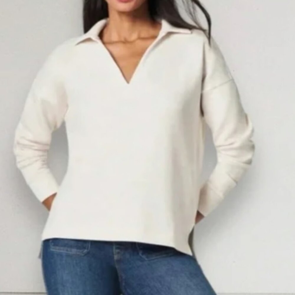 SPANX AirEssentials Polo Sweatshirt 1X Heather Oatmeal Gently Used Cozy